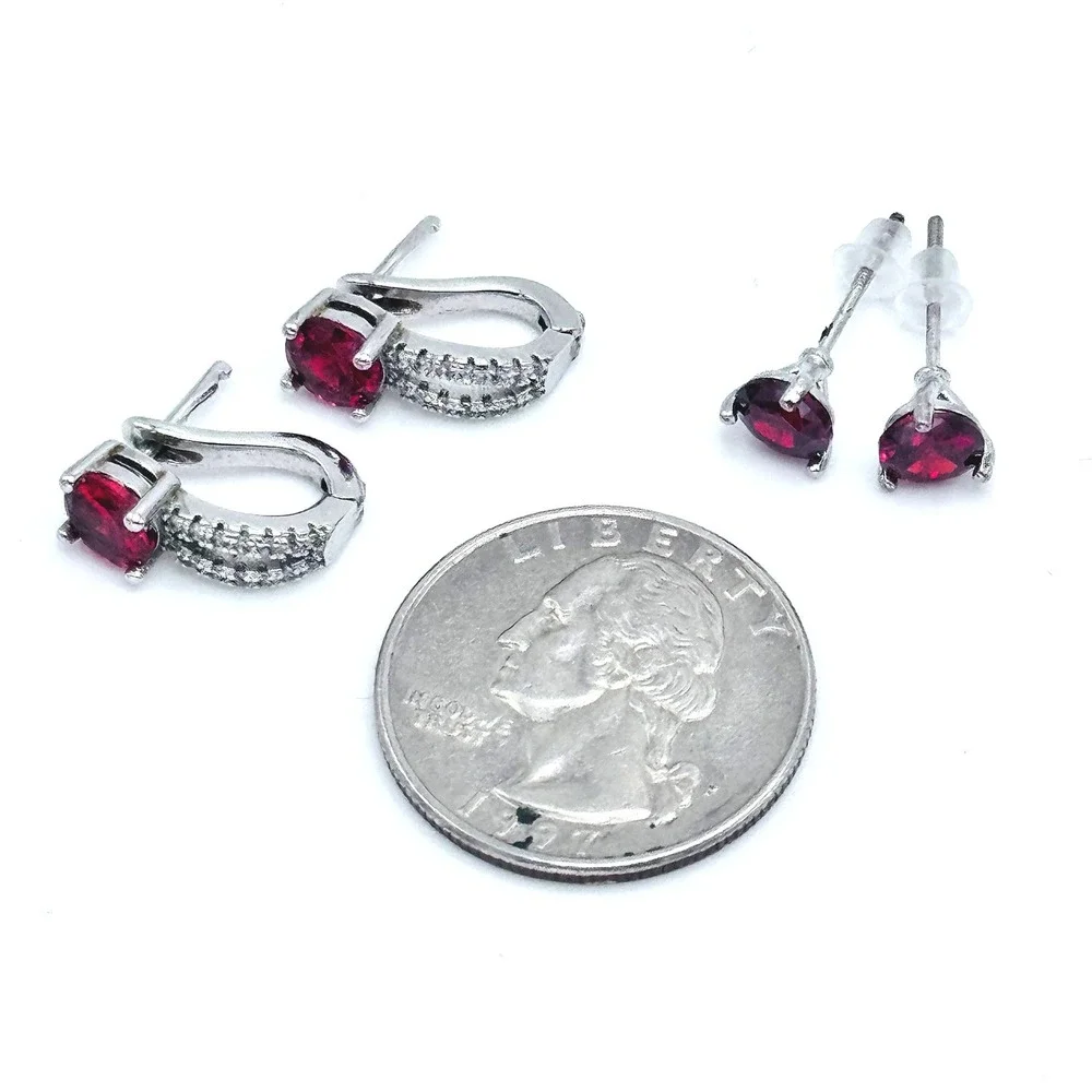 Vintage Silver Tone Red Stone Earrings Set Stud & Huggie Style‎ Crystal Sparkle